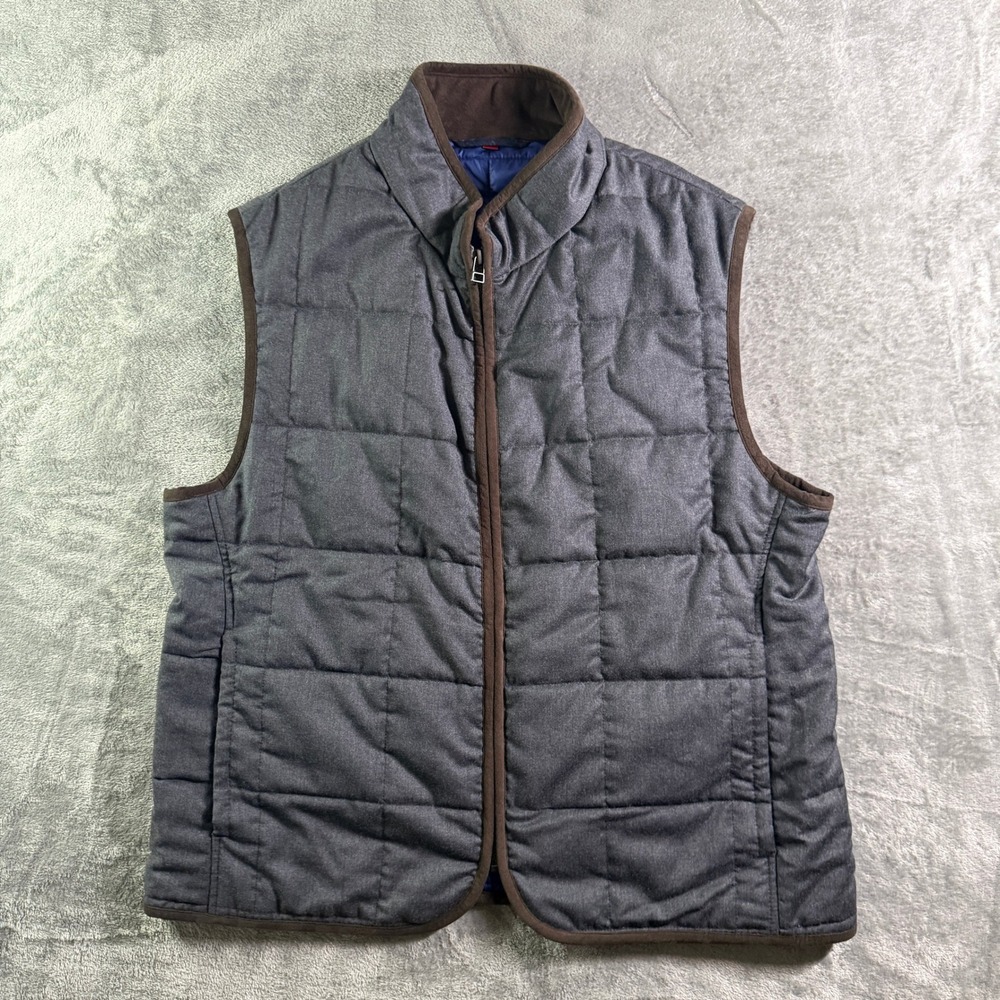 JKT New York Wool Puffer Vest Quilted Full Zip Gray Brown Trim Large